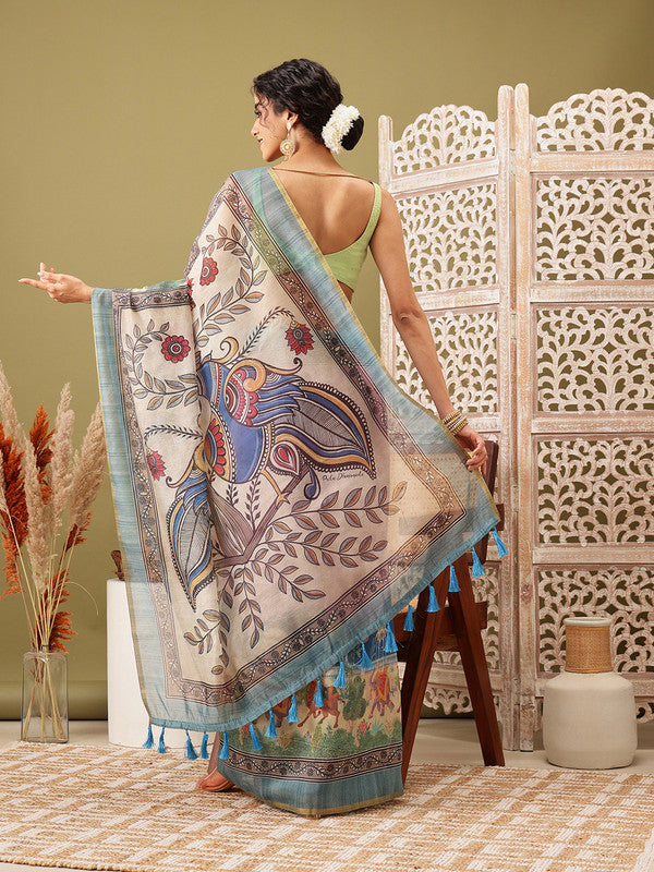 Pink Cotton Blend Printed Madhubani Saree with Unstitched Blouse - Hiral Fashion
