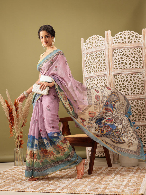 Pink Cotton Blend Printed Madhubani Saree with Unstitched Blouse - Hiral Fashion