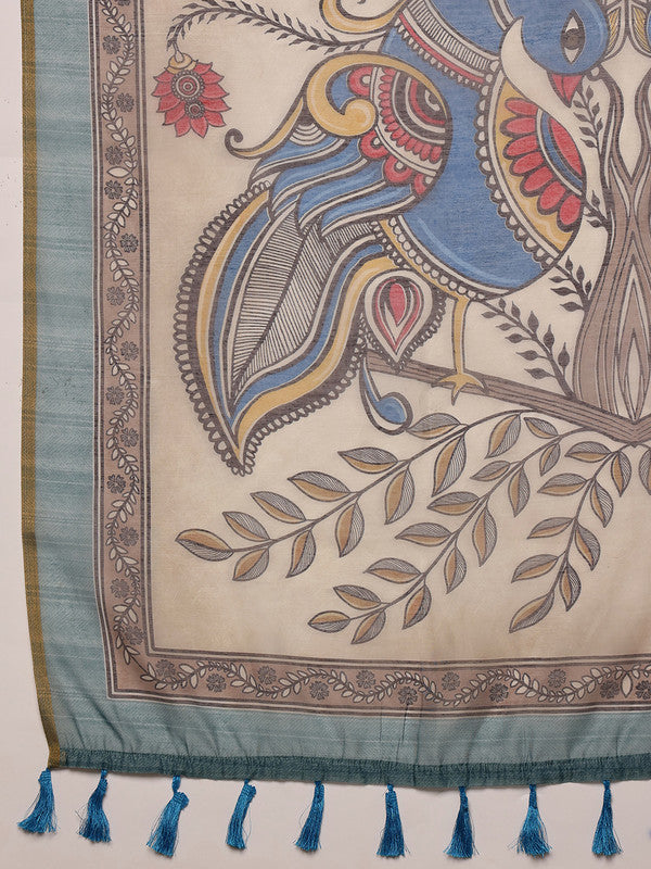 Pink Cotton Blend Printed Madhubani Saree with Unstitched Blouse - Hiral Fashion