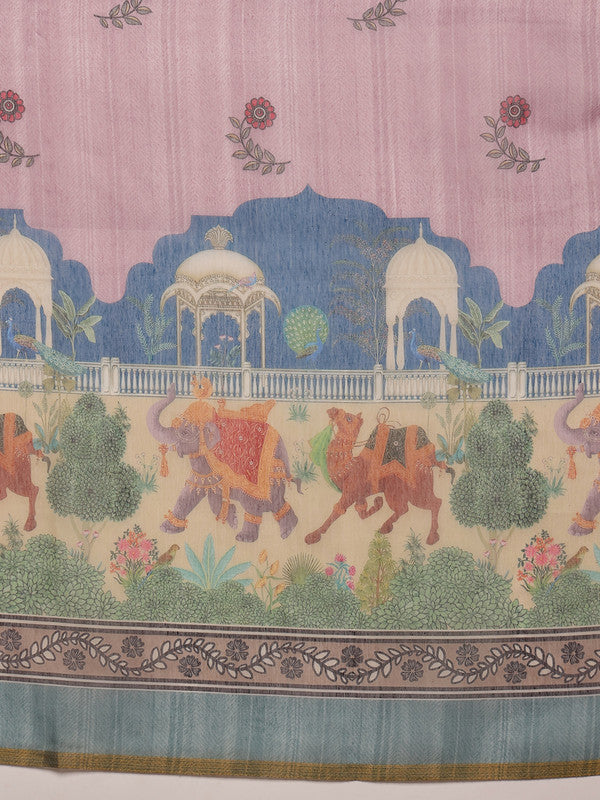 Pink Cotton Blend Printed Madhubani Saree with Unstitched Blouse - Hiral Fashion