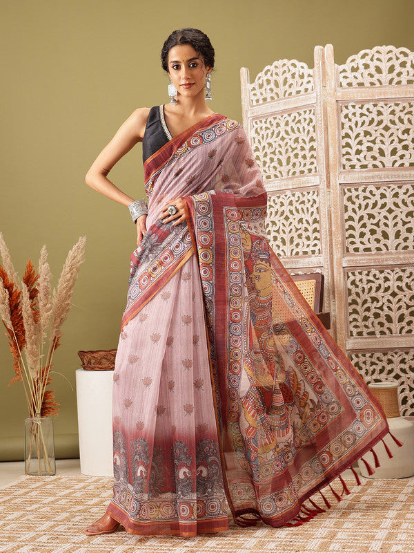 Rust Cotton Blend Printed Madhubani Saree with Unstitched Blouse - Hiral Fashion