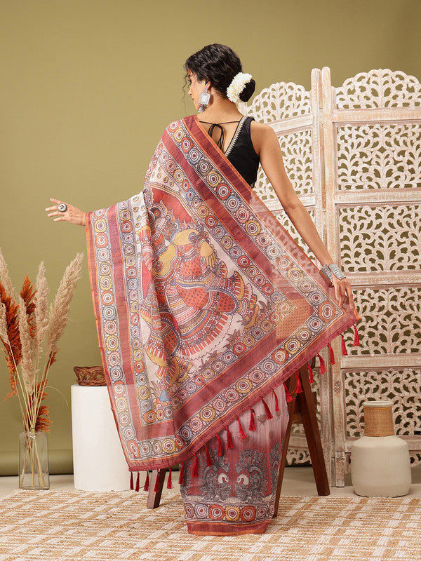 Rust Cotton Blend Printed Madhubani Saree with Unstitched Blouse - Hiral Fashion