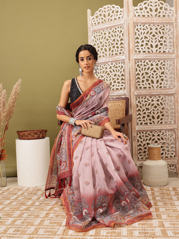 Rust Cotton Blend Printed Madhubani Saree with Unstitched Blouse - Hiral Fashion