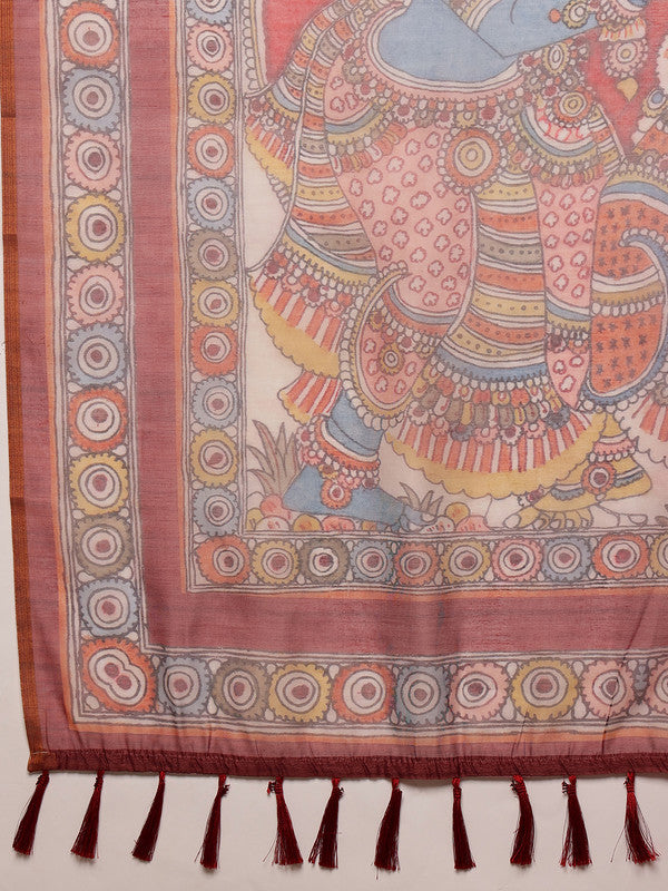 Rust Cotton Blend Printed Madhubani Saree with Unstitched Blouse - Hiral Fashion