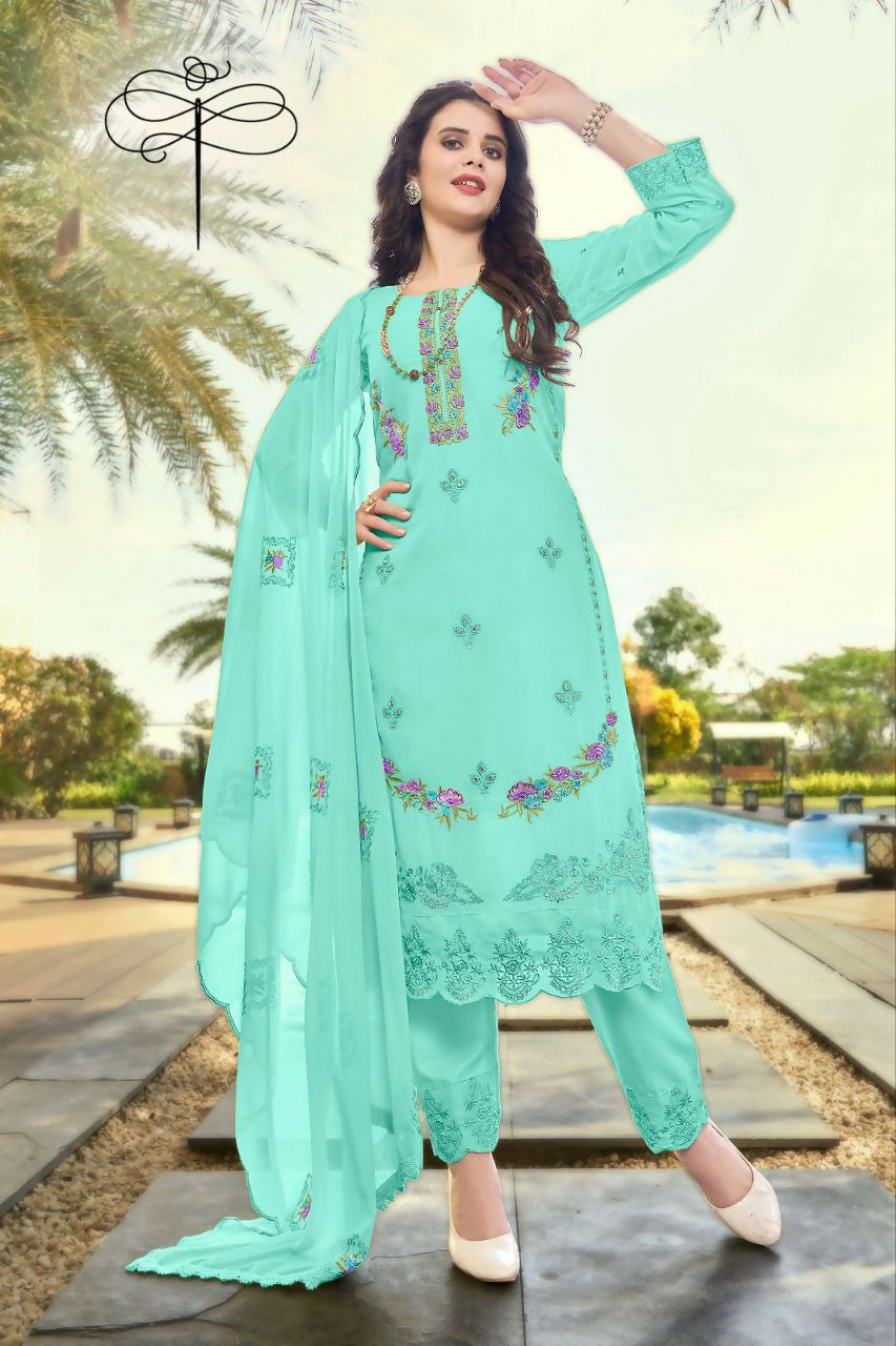 Jyoti Fashion Women's Turquoise Faux Georgette Heavy Embroidery and Moti Work Kurta Set