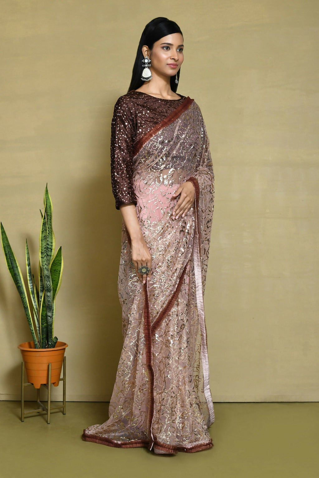 Brown Net Sequence Embroidered Festive Saree - Nimaya Denzy