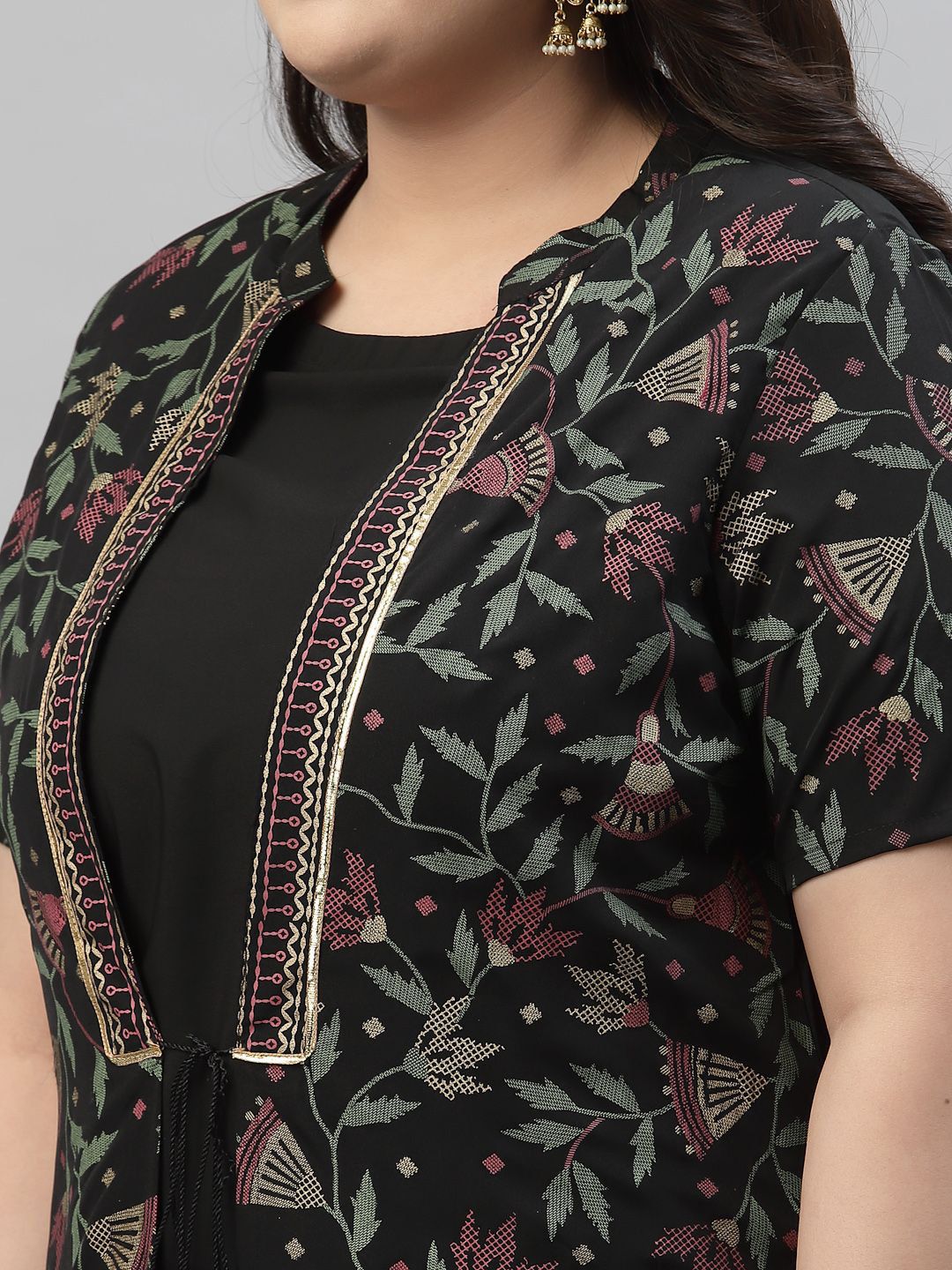 Sztori Plus Size Floral Foil Printed Mandarin Collar A-Line Kurta With Trouser