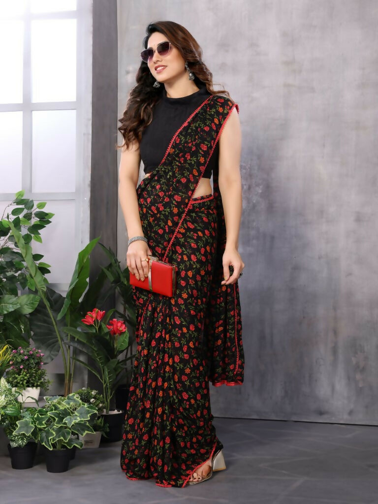 Partywear Designer Black & Red Georgette Fancy Saree - Satrangi
