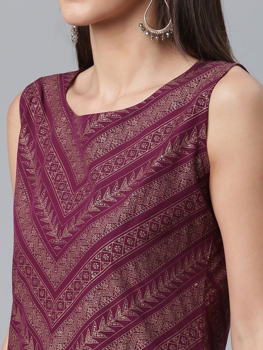 Ahalyaa Wine Crepe Glitter Print Kurta with Sharara and dupatta Set