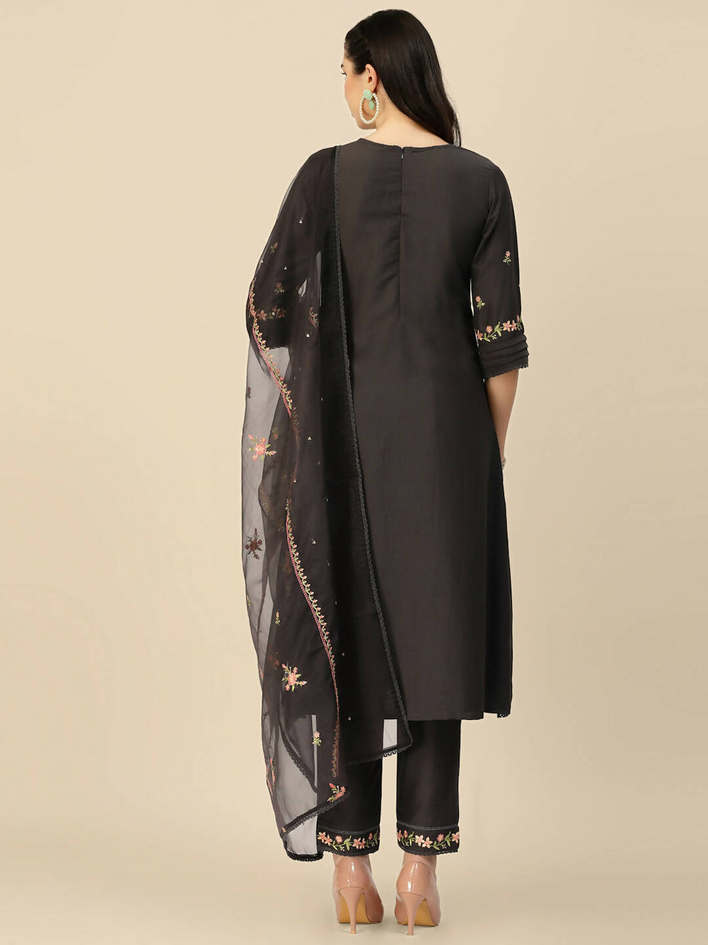 Black Embroidered Chinon Straight Kurta With Trouser & Dupatta - Salimar