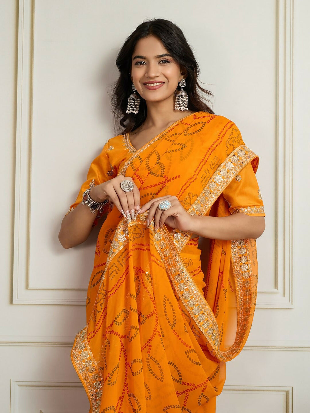Ai Fashion Yellow Georgette Rajwadi Bandhani Print Party Wear Saree
