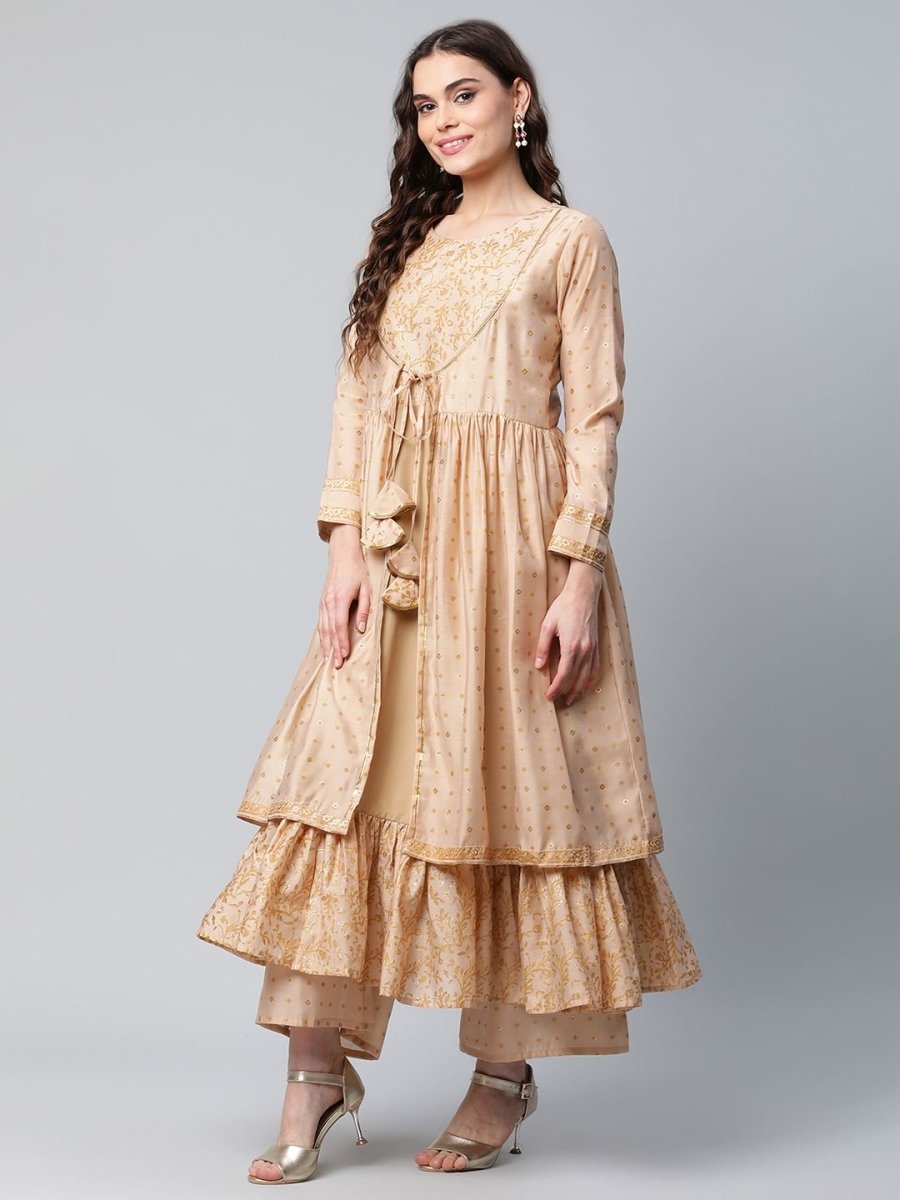 Ahalyaa Womens Beige Chanderi Kurta Palazzo Set with Dupatta