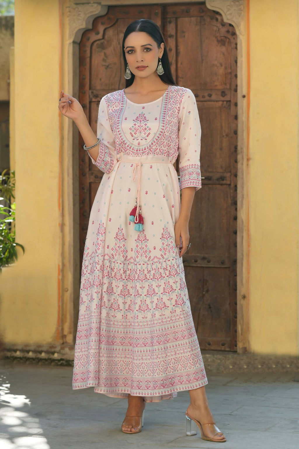 Juniper Women's Pink Viscose Shantoon Festive Printed Flared Dress
