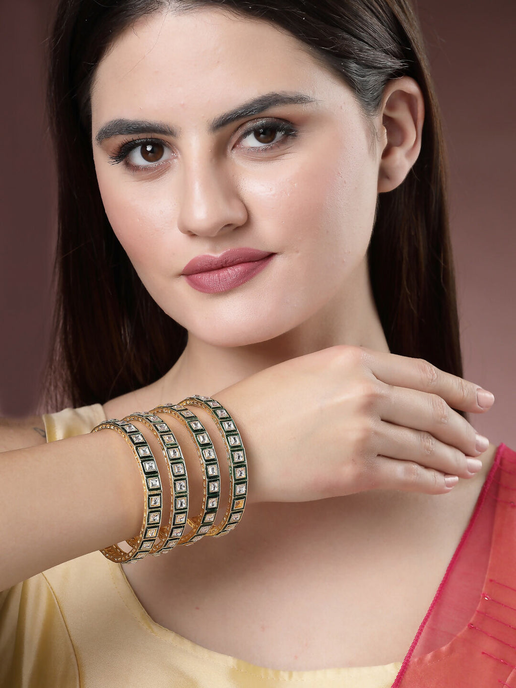 NVR Women's Set Of 4 Gold-Polished Green Kundan-Studded Traditional Bangles