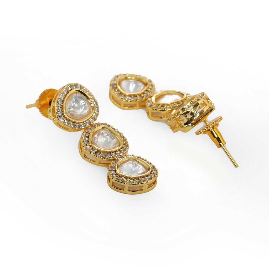 Uncut 3 Tier Kundan Dangler Earrings (Gold) - Ruby Raang