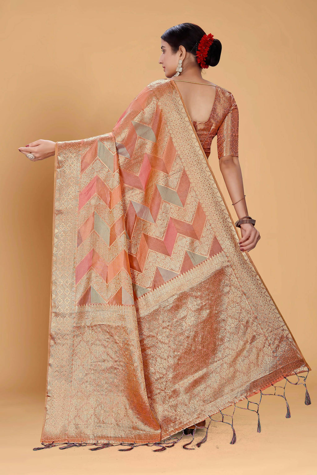 Peach Soft Organza Woven Design Saree With Unstitched Blouse Piece - Zaara
