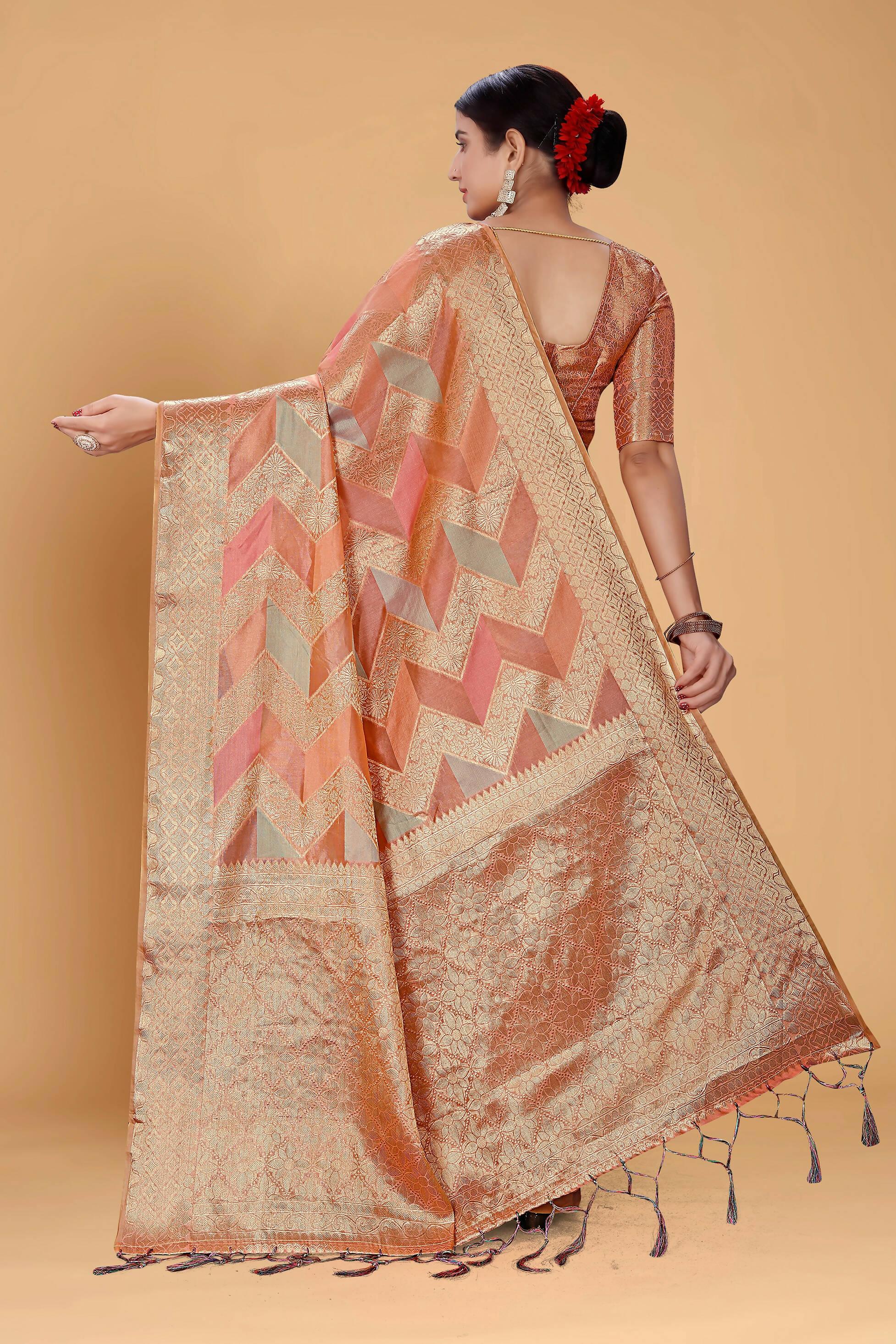 Peach Soft Organza Woven Design Saree With Unstitched Blouse Piece - Zaara