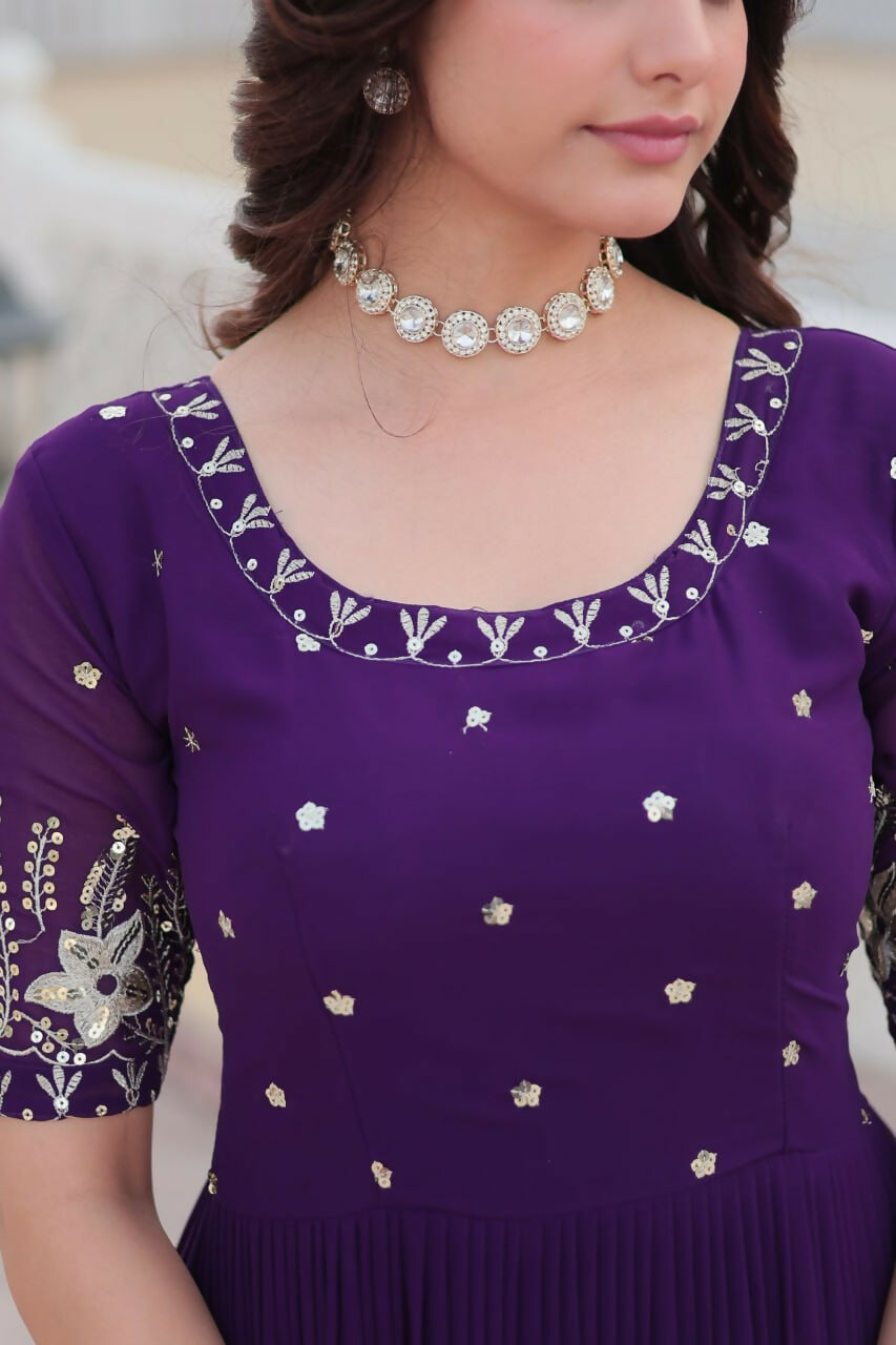 Vastranavya Premium Designer Faux Blooming with Embroidery Zari Sequins work Gown - Purple
