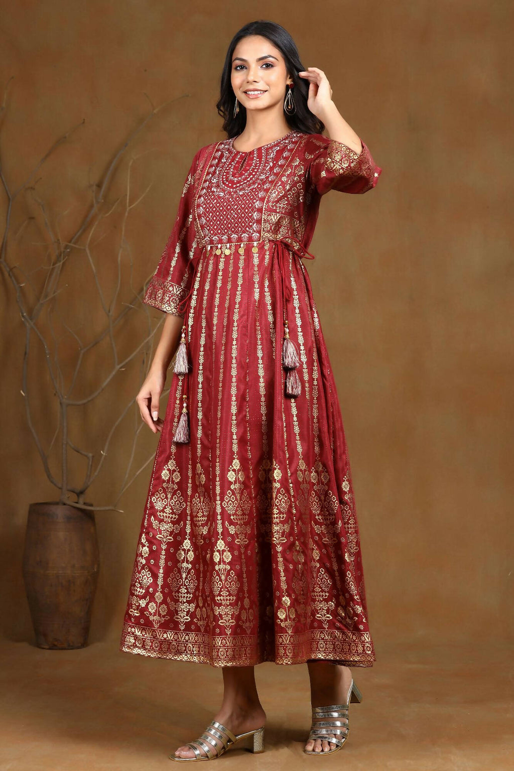 Juniper Women Maroon Shantoon Printed Anarkali Dress