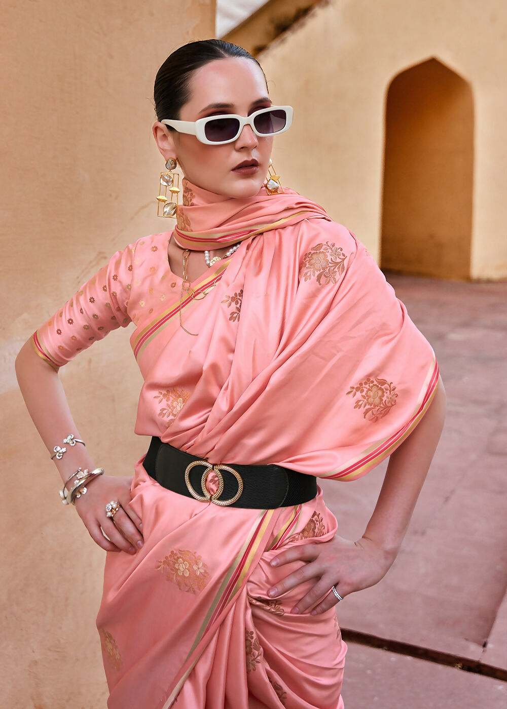 Sea Pink Pure Satin Zari Weaving Wedding Festive Saree - Emponline