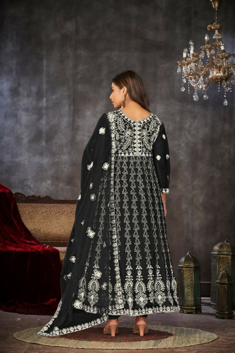 Jyoti Fashion Women's Black Net Embroidered Anarkali Kurta Pant Set With Dupatta
