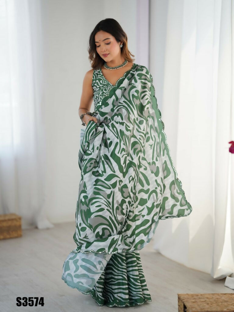Green Chinon Designer Digital Printed,Mirror Cut Work Saree - Sohni