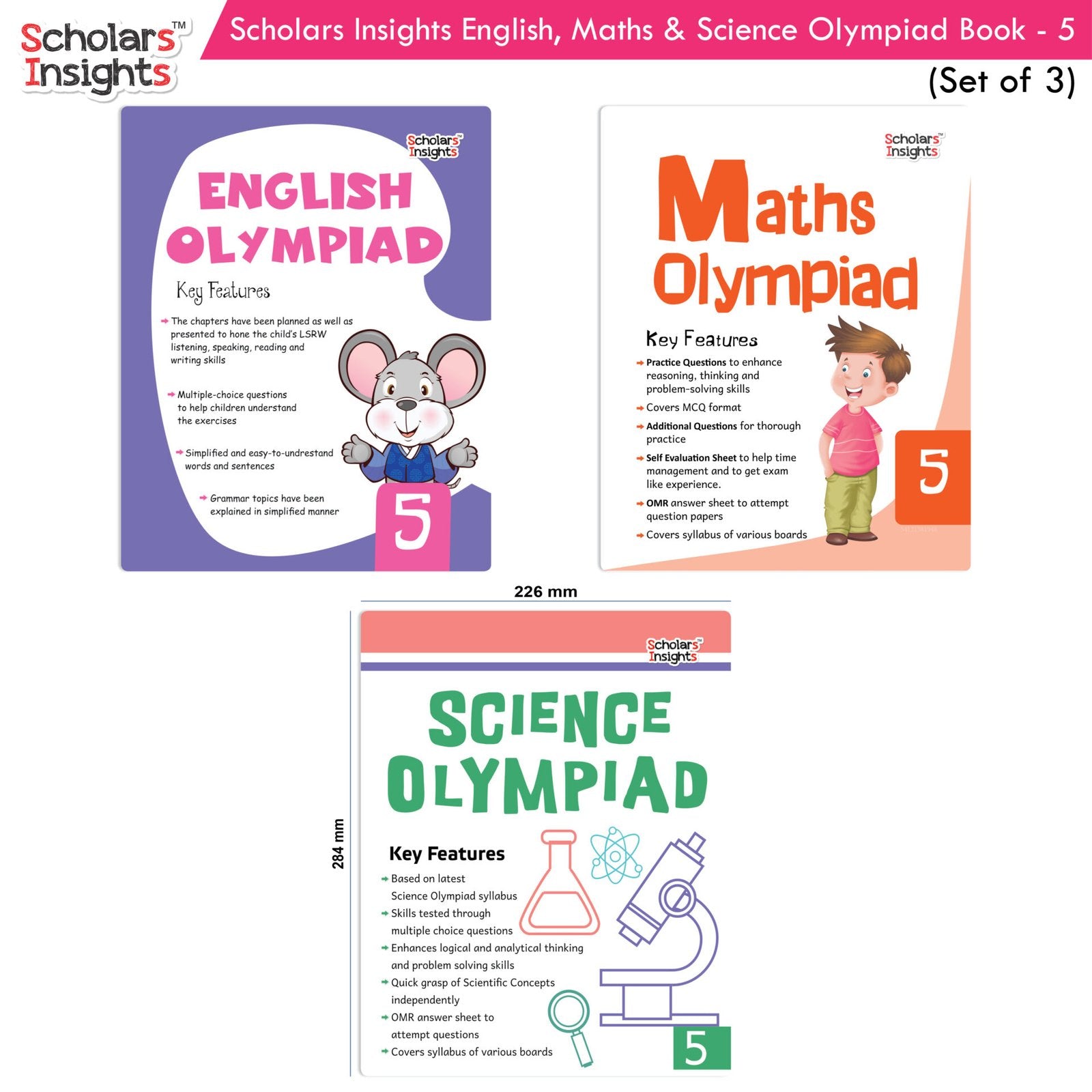 Scholars Insights Olympiad English, Maths and Science Workbooks Grade 5| Set of 3| Ages 10 - 12 Year