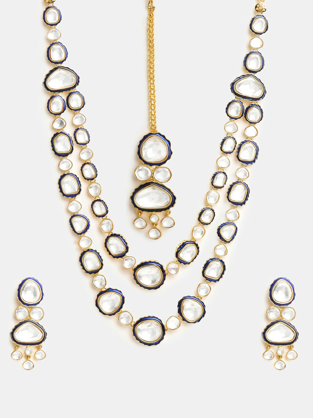 Ruby Raang 22k Gold Polished Blue Meenakari Kundan Layered Necklace With Earrings & Maang Tikka