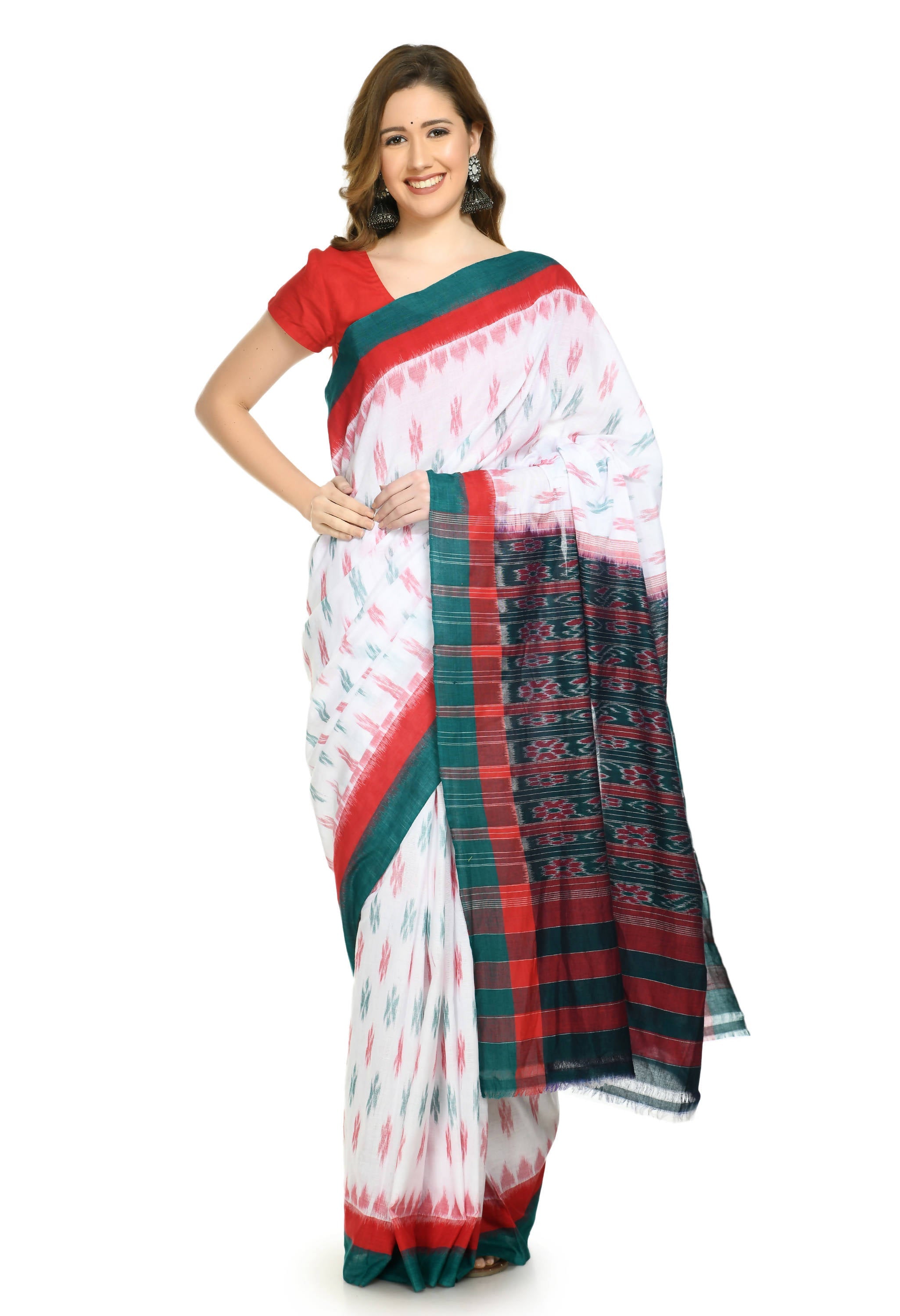 Vamika Sambalpuri Ikat Cotton Dehabandha White, Red & Green Saree