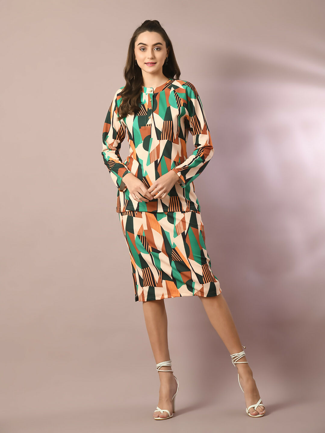 Myshka Women's Multi Printed Round Neck Party Top With Skirt Co-ord set