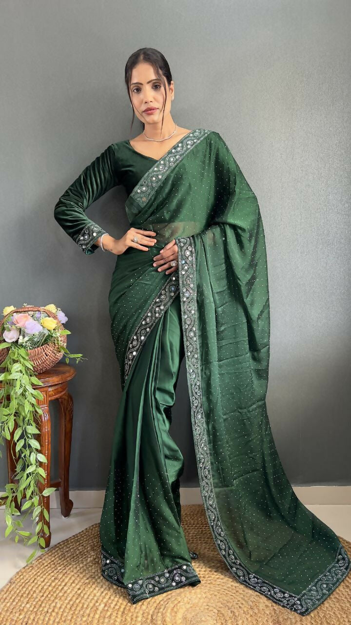 Vastranavya Green Rangoli Silk Real Mirror work with Swarovski work Ready to Wear Saree