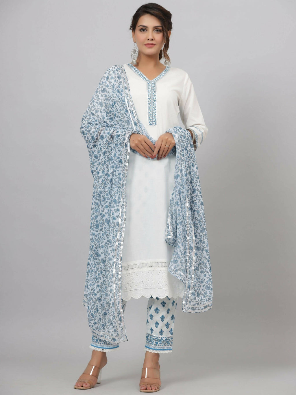 Juniper Women's White Cotton Cambric Solid Kurta Floral Printed Pant & Dupatta Set