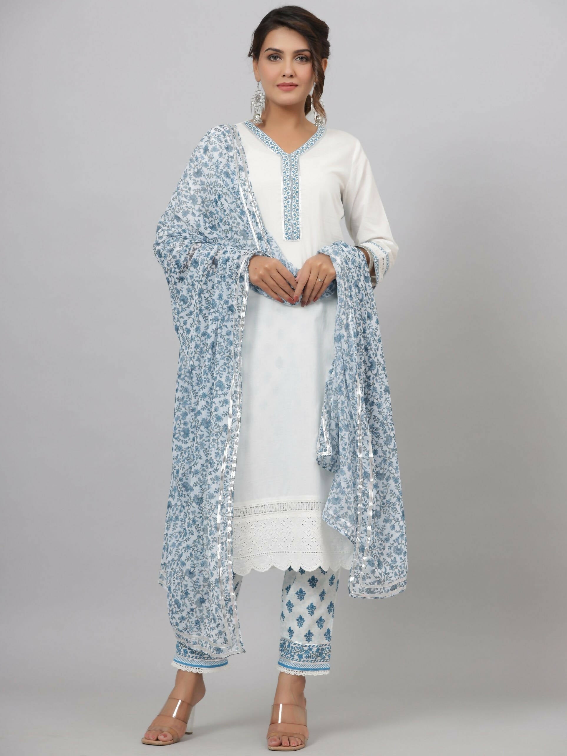 Juniper Women's White Cotton Cambric Solid Kurta Floral Printed Pant & Dupatta Set