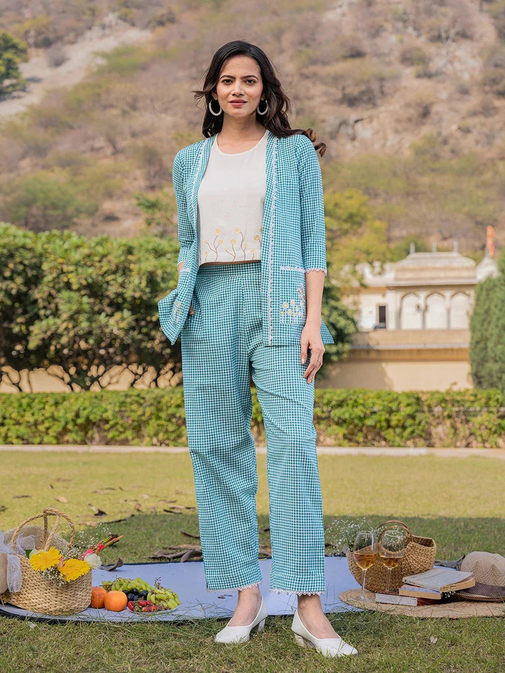 Yufta Sea Green Cotton Checks Printed Co Ord Set With Embroidery
