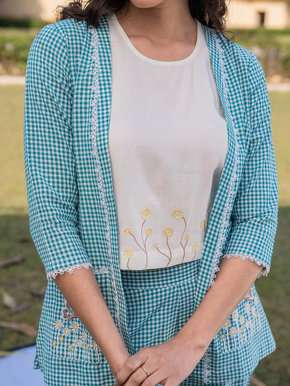 Yufta Sea Green Cotton Checks Printed Co Ord Set With Embroidery