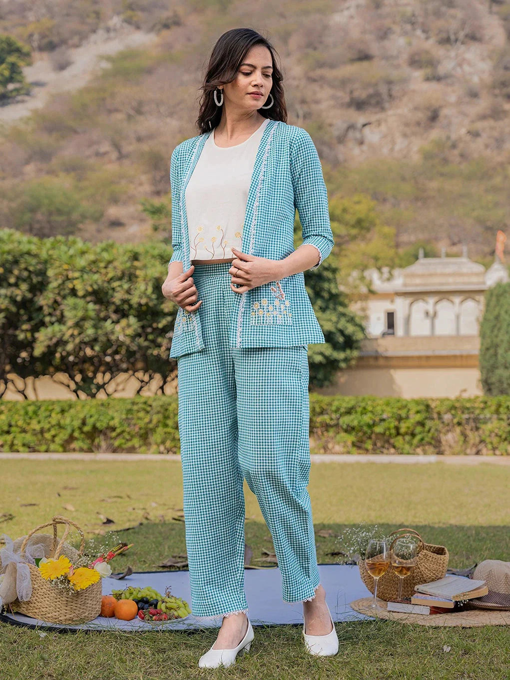 Yufta Sea Green Cotton Checks Printed Co Ord Set With Embroidery