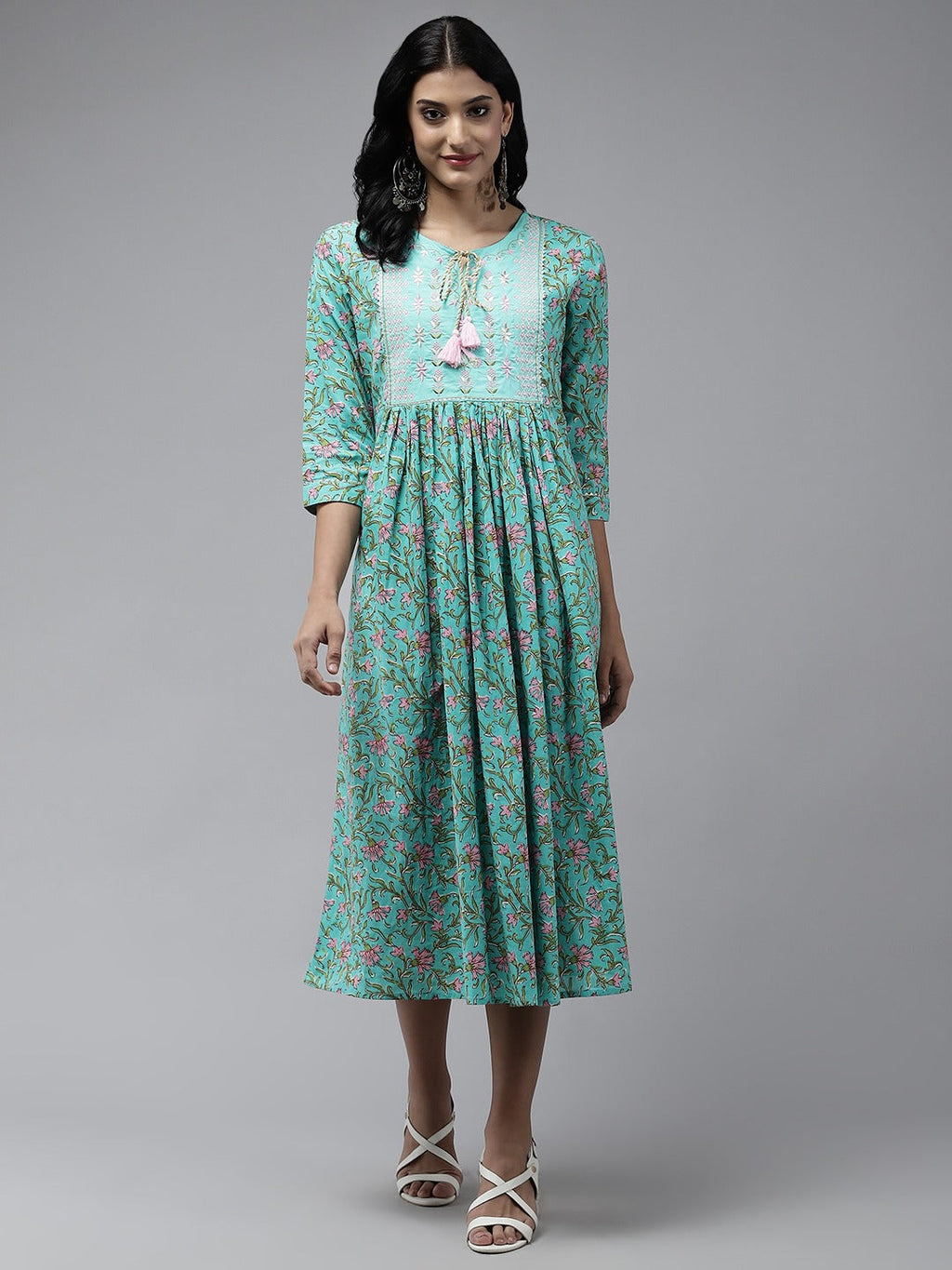 Yufta Sea Green Embroidered Midi Dress