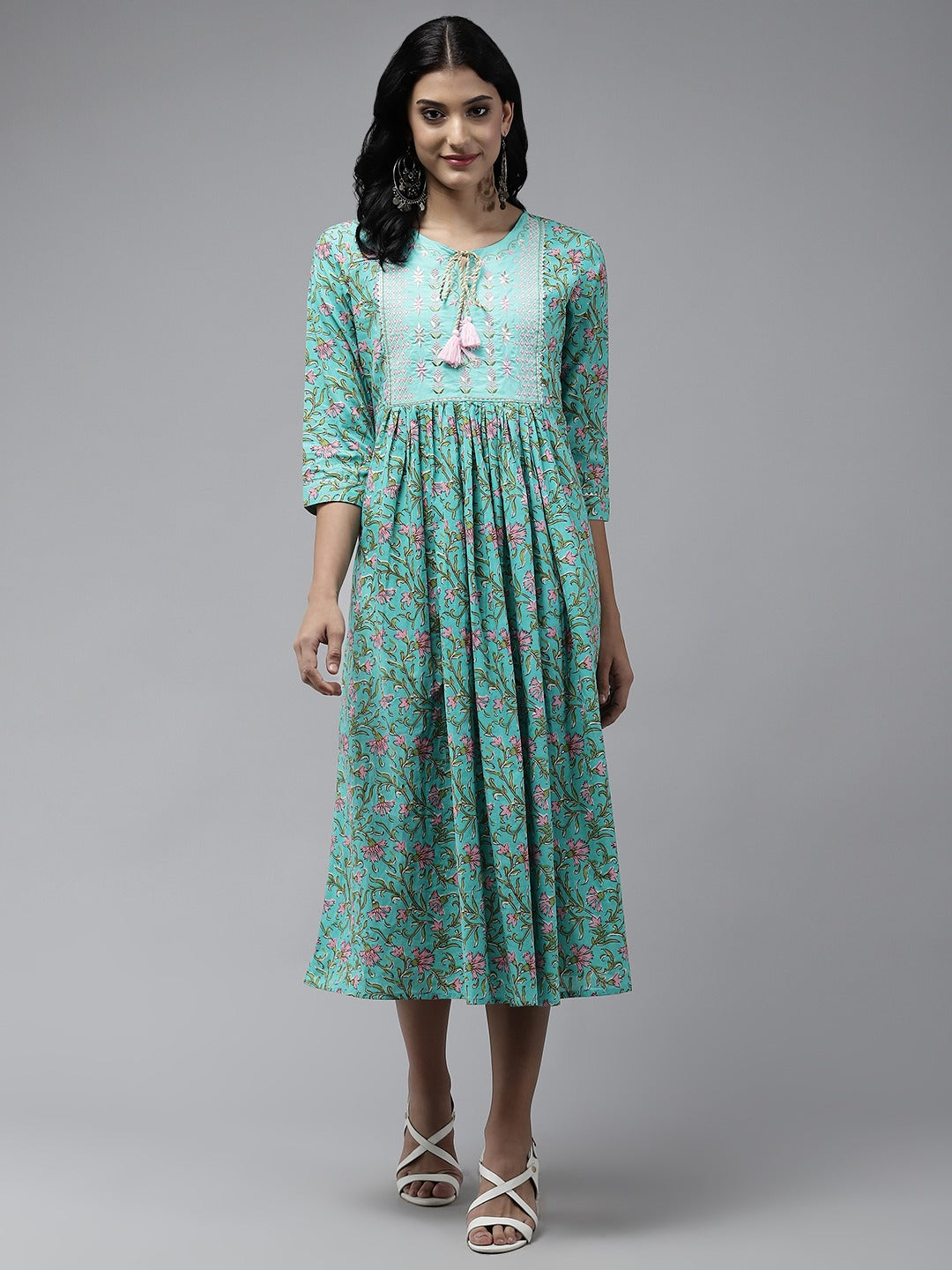 Yufta Sea Green Embroidered Midi Dress