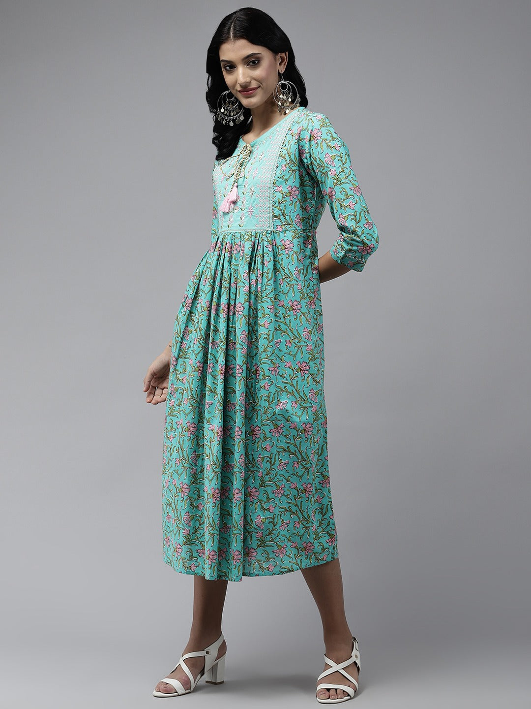 Yufta Sea Green Embroidered Midi Dress