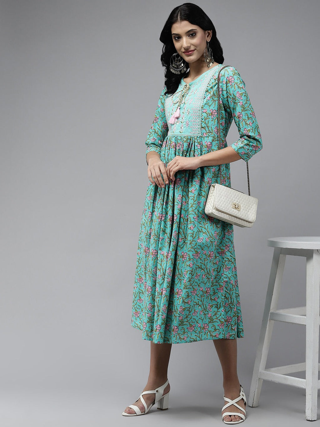 Yufta Sea Green Embroidered Midi Dress