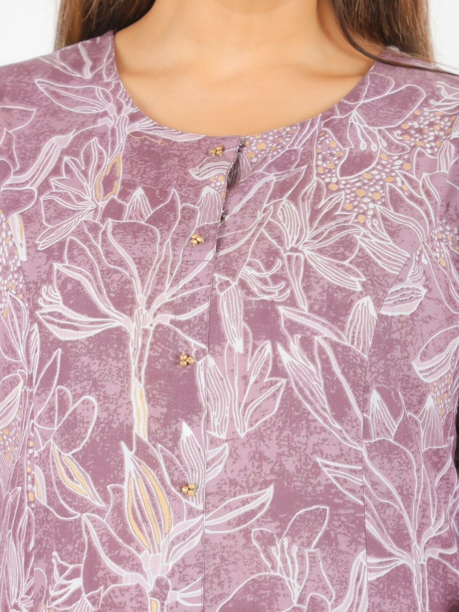 Aramya Purple Soft Cotton Gold Foil A-line Kurta for Women