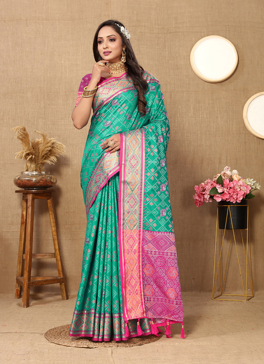 Lorenvalley Fashion Seagreen Patola Silk Woven Design with Zari Meenakari Weaving motifs Pallu Saree