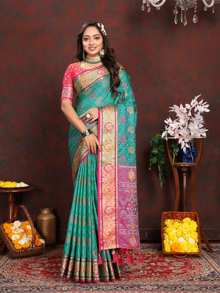 Lorenvalley Fashion Seagreen Patola Silk Woven Design with Zari Meenakari Weaving motifs Pallu Saree