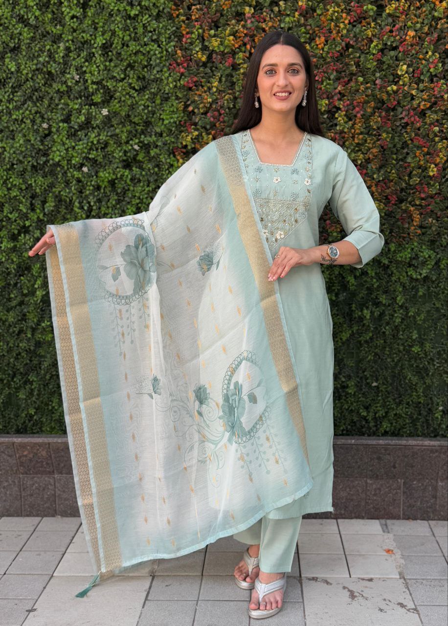 Lorenvalley Fashion Seagreen Roman Silk Hand Work Kurta Pant with Dupatta
