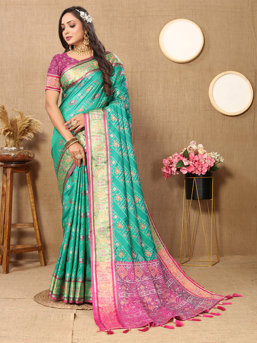 Lorenvalley Fashion Seagreen Patola Silk Woven Design with Zari Meenakari Weaving motifs Pallu Saree