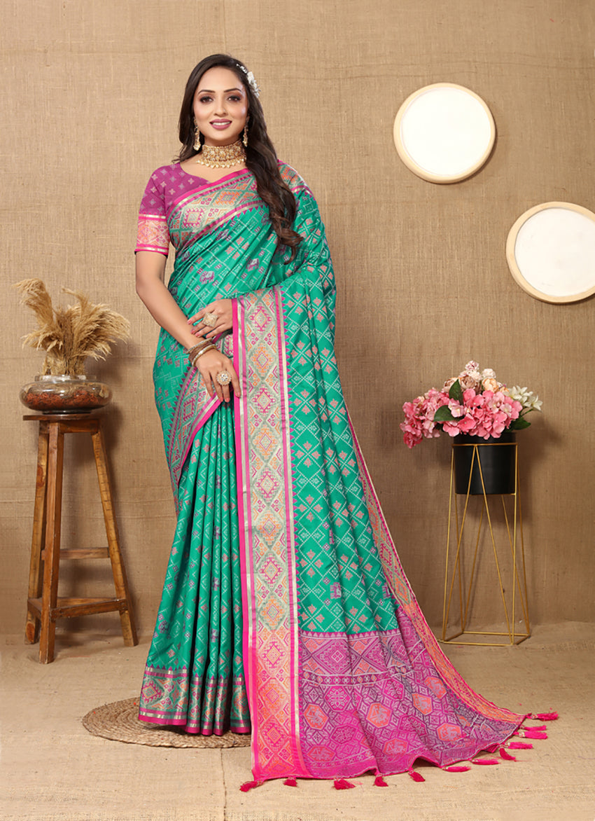 Lorenvalley Fashion Seagreen Patola Silk Woven Design with Zari Meenakari Weaving motifs Pallu Saree