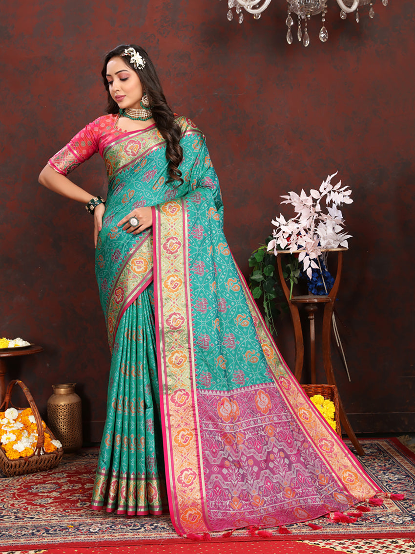 Lorenvalley Fashion Seagreen Patola Silk Woven Design with Zari Meenakari Weaving motifs Pallu Saree