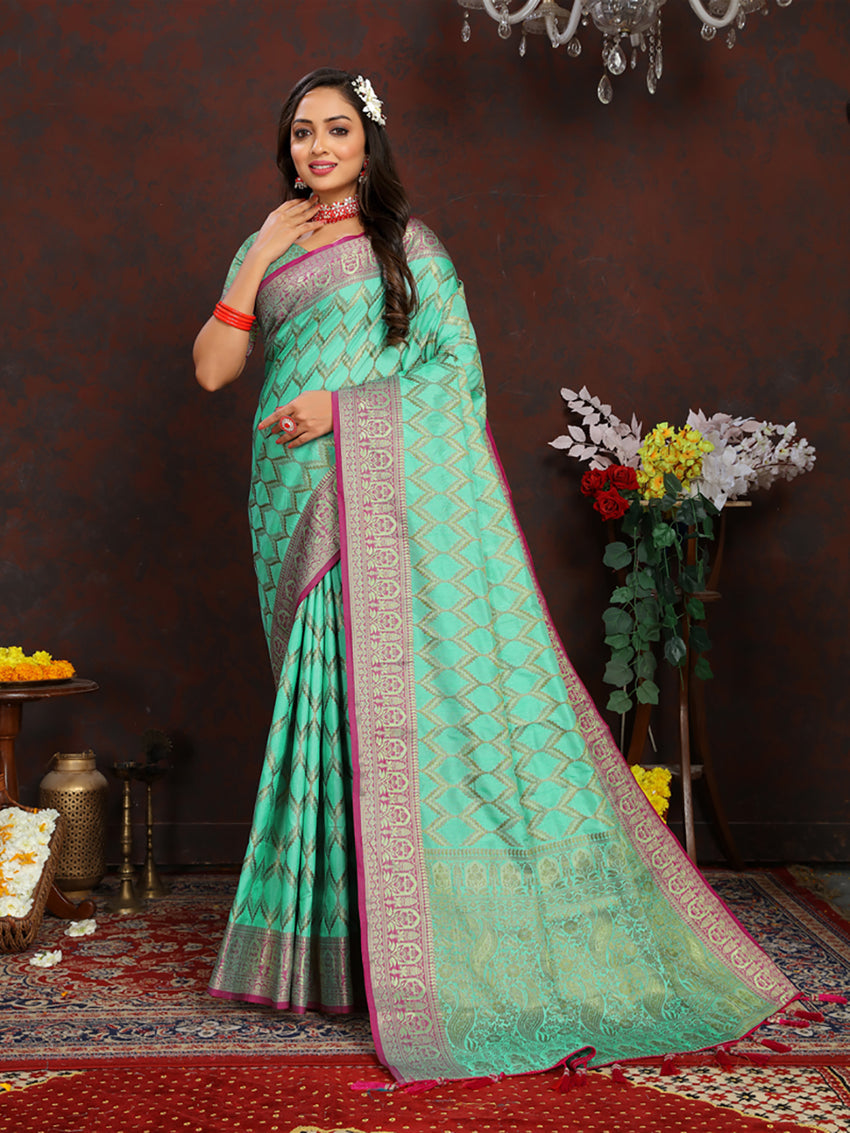 Lorenvalley Fashion Seagreen Soft Katan Silk Woven Design Rich Zari Weaving Pallu Saree
