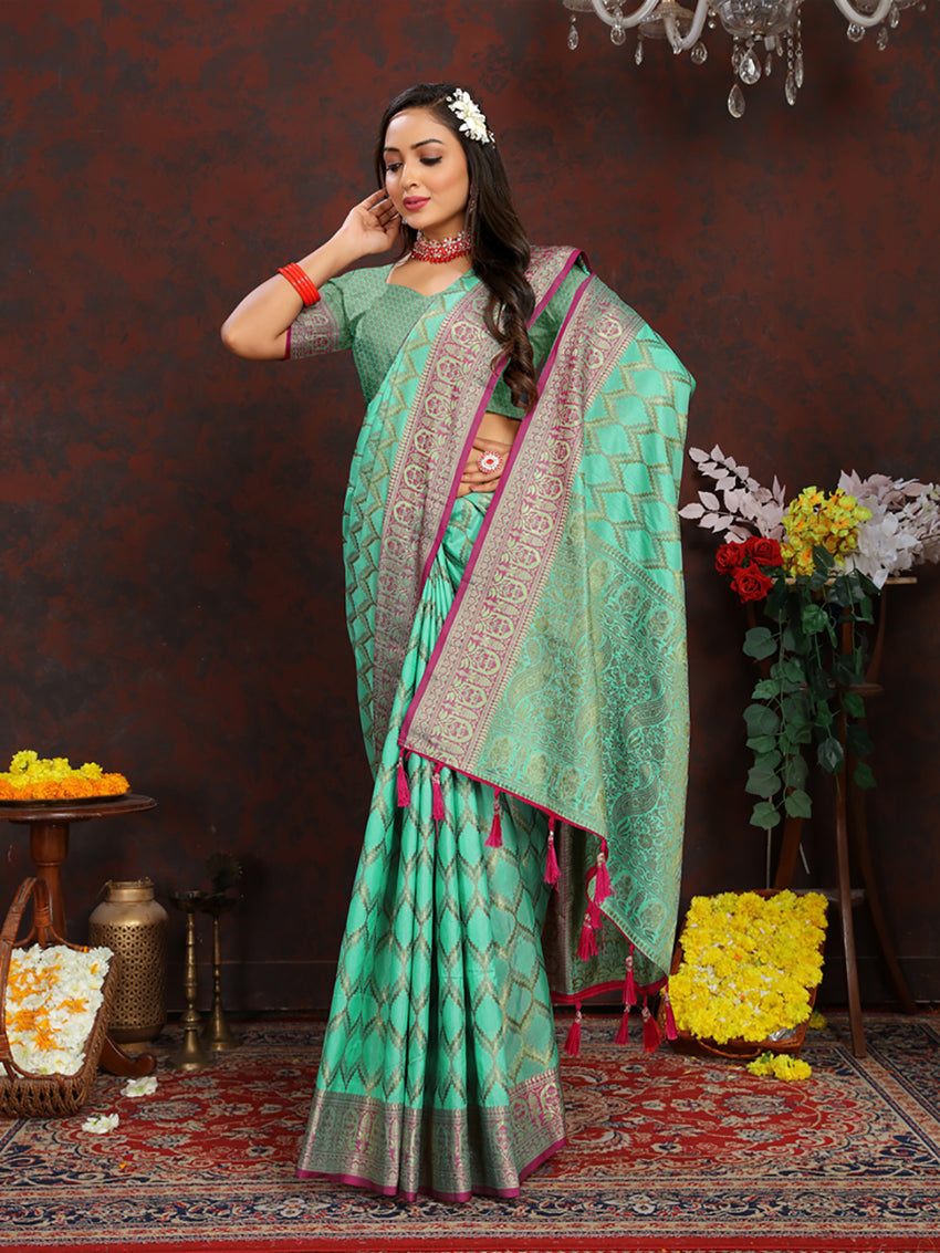 Lorenvalley Fashion Seagreen Soft Katan Silk Woven Design Rich Zari Weaving Pallu Saree