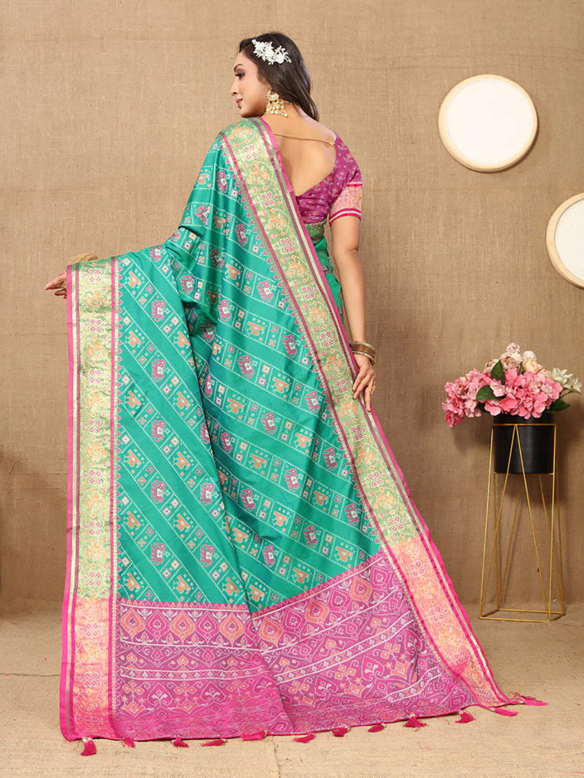 Lorenvalley Fashion Seagreen Patola Silk Woven Design with Zari Meenakari Weaving motifs Pallu Saree